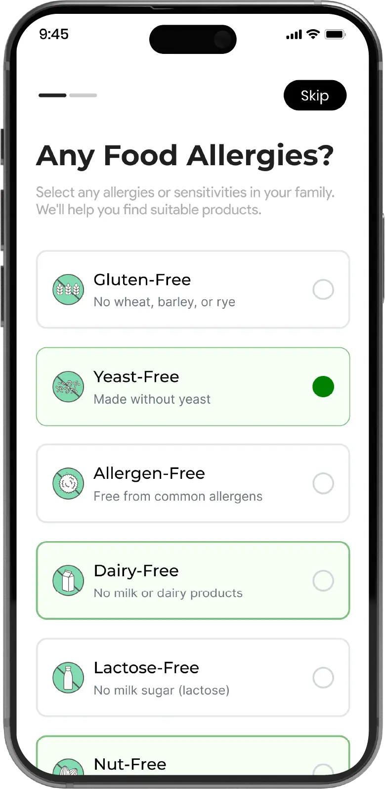 Rawteen app: Allergies Selection
