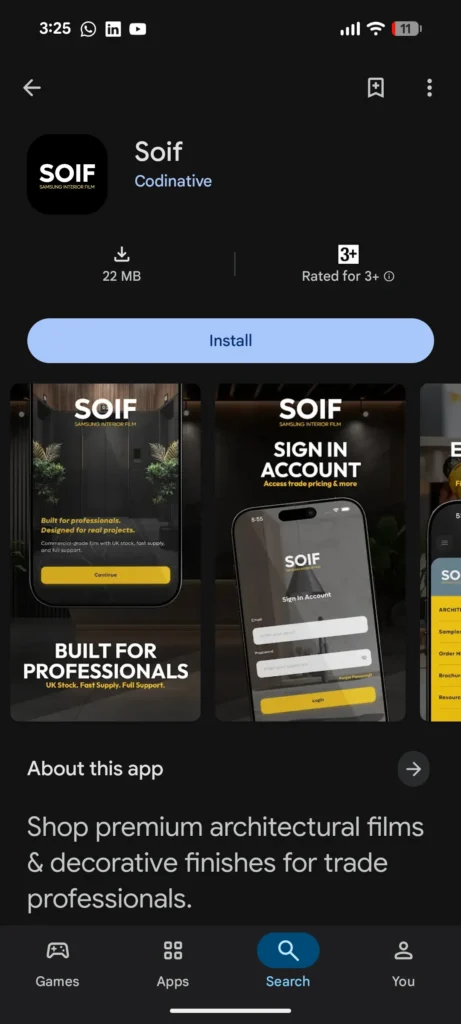SOIF Play Store listing: sign in