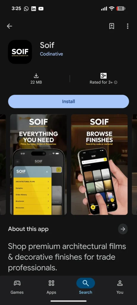 SOIF Play Store listing: browse finishes